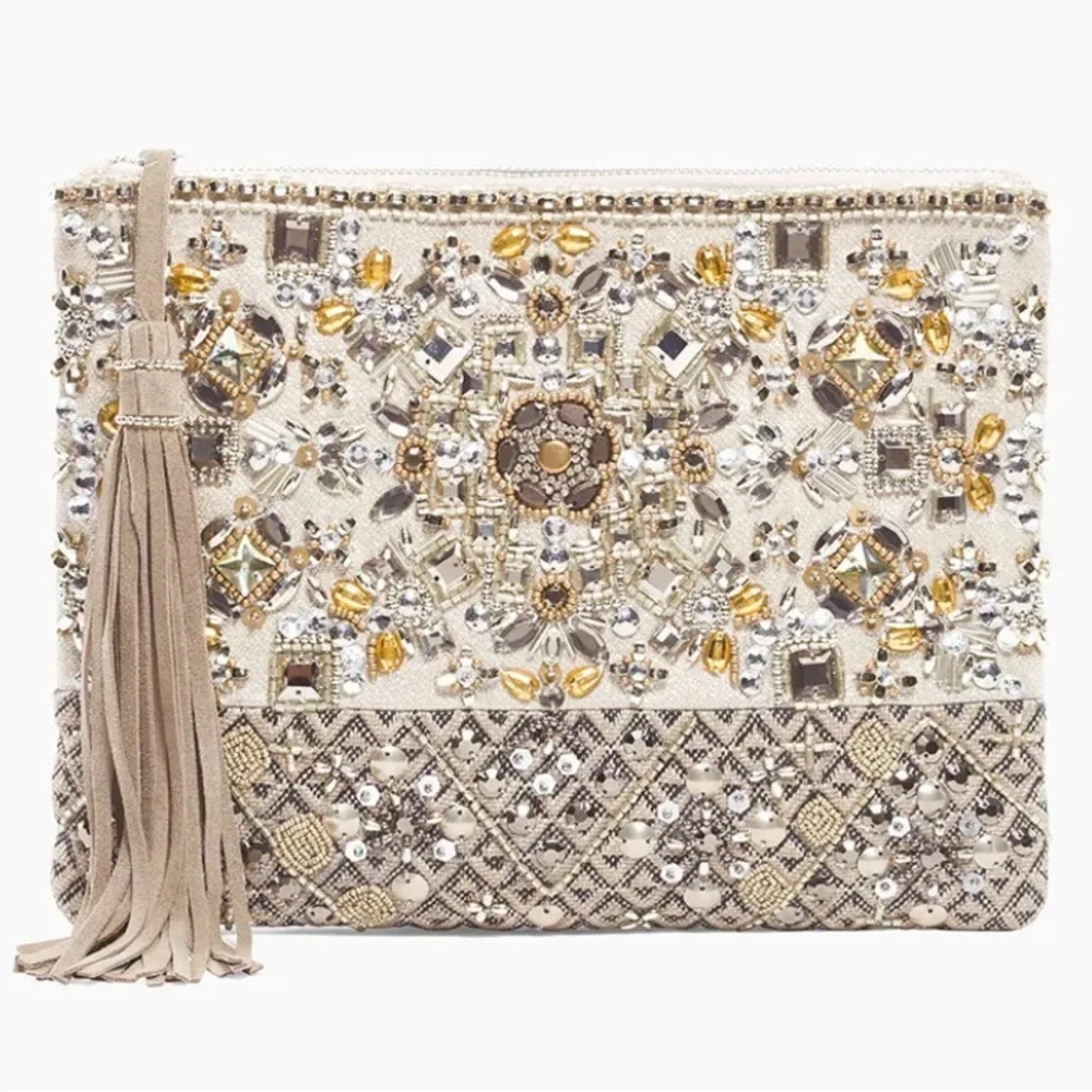 Chico’s Betsy Beaded Clutch Purse‎ Tan Jeweled Glam Coastal Wedding Boho Party
